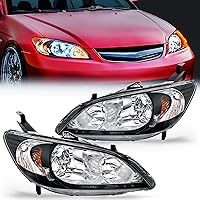 Headlight Assembly Compatible with 2004 2005 Honda Civic Headlamps Replacement Black Housing Amber Reflector Upgraded Clear Lens Driver and Passenger Side, 2 Years Warranty