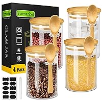 4 Pack Airtight Glass Jars with Bamboo Lid and Spoons 17 Oz Food Storage Container with Labels, Overnight Oats Containers with Lids for Flour, Sugar, Tea, Cookies, Candy, Cereal, Coffee