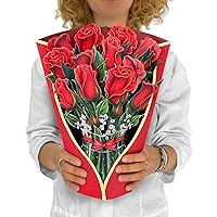 Freshcut Paper Pop Up Cards, Red Roses, 12 Inch Life Sized Forever Flower Bouquet 3D Popup Greeting Cards, Mother's Day Gifts, Birthday Gift Cards, Gifts for Her with Note Card & Envelope