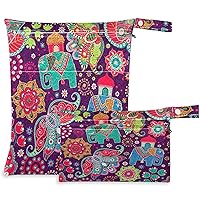 visesunny Decorative Elephant Cute Indian Pattern 2Pcs Wet Bag with Zippered Pockets Washable Reusable Roomy for Travel,Beach,Pool,Daycare,Stroller,Diapers,Dirty Gym Clothes, Wet Swimsuits, Toiletries