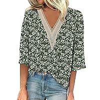Women's Dressy Spring Tops 2024, Lace Trims V Neck 3/4 Length Sleeve T-Shirts Basic Casual Vintage Print Blouse Tees