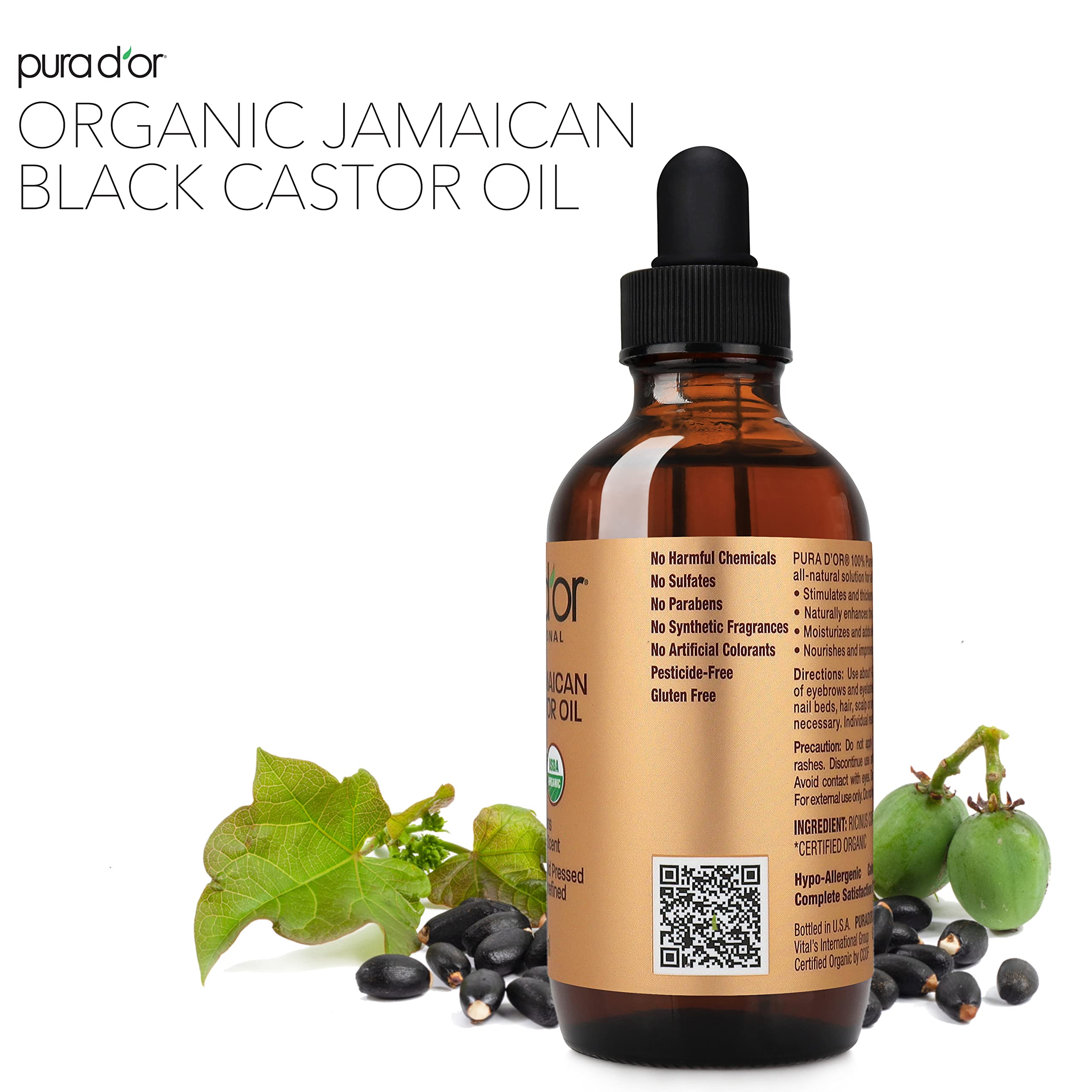 PURA D'OR 4 Oz Organic Jamaican Black Castor Oil - Natural Smoky Scent - USDA Certified, Pure, Cold Pressed & Roasted, Hexane Free Eyelash Growth Serum - 2 Empty Bonus On The Go Applicators