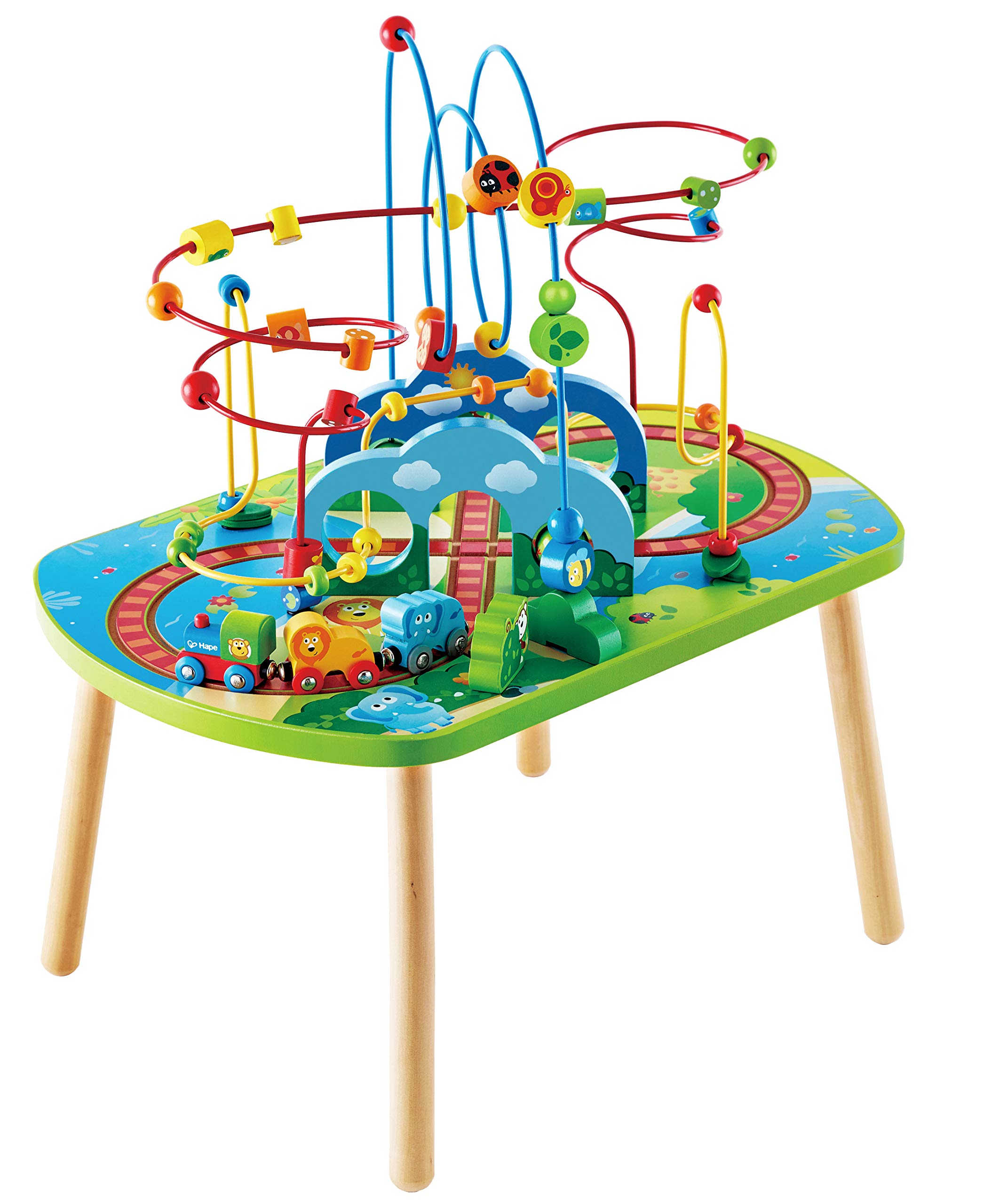 Hape E3824 Jungle Adventure Kids Toddler Wooden Bead Maze & Railway Train Track Play Table Toy for Ages 18 Months and Up Multicolor, 25.6
