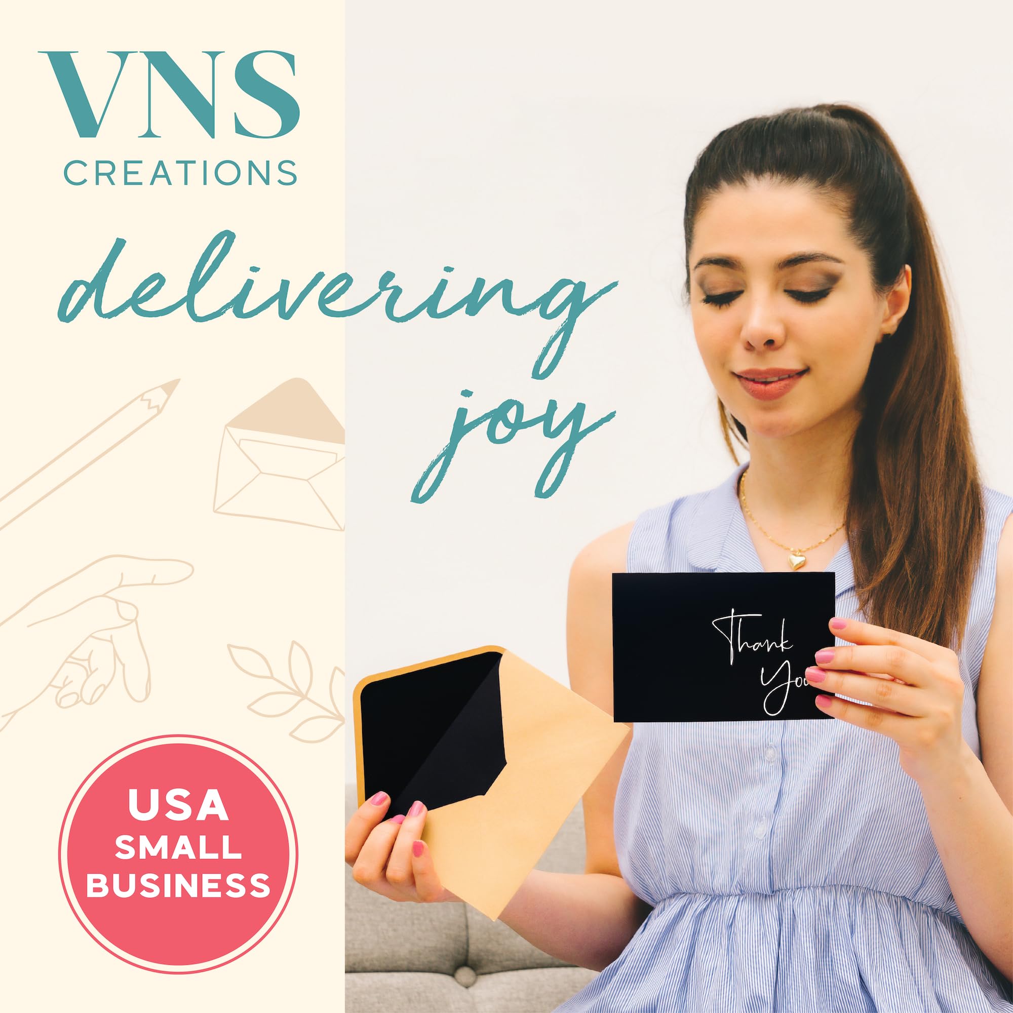 VNS Creations 100 pack Thank You Cards with Envelopes & Stickers - Classy 4x6 Blank Thank You Cards Bulk Box Set - Large Thank You Notes for Wedding, Small Business, Baby & Bridal Shower (Black)