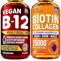 B12 Sublingual 5000 mcg Drops & Biotin & Collagen Liquid Drops 25,000 mcg - Made in USA - Vegan B12 Vitamins for Energy, Mood & Memory - Hair, Nails, and Skin Vitamins for Women & Men