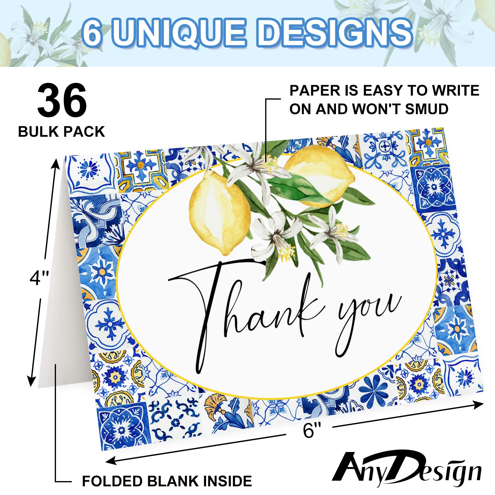 AnyDesign 36 Pack Lemon Thank You Cards Bulk Vintage Blue Tiles Lemon Thank You Note Cards with Stickers Envelopes Watercolor Greeting Cards for Baby Shower Wedding Birthday Party and All Occasion