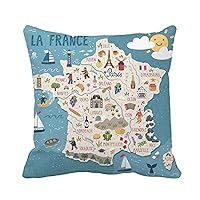 Throw Pillow Cover Map of France Travel French Landmarks People Food 18x18 Inches Pillowcase Home Decorative Square Pillow Case Cushion Cover