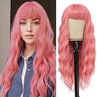 NAYOO Pink Wig with Bangs, Long Wavy Wigs for Women Synthetic Curly Wigs with Bangs Hair Replacement Wigs 26 Inches for Daily Party Use（Pink）