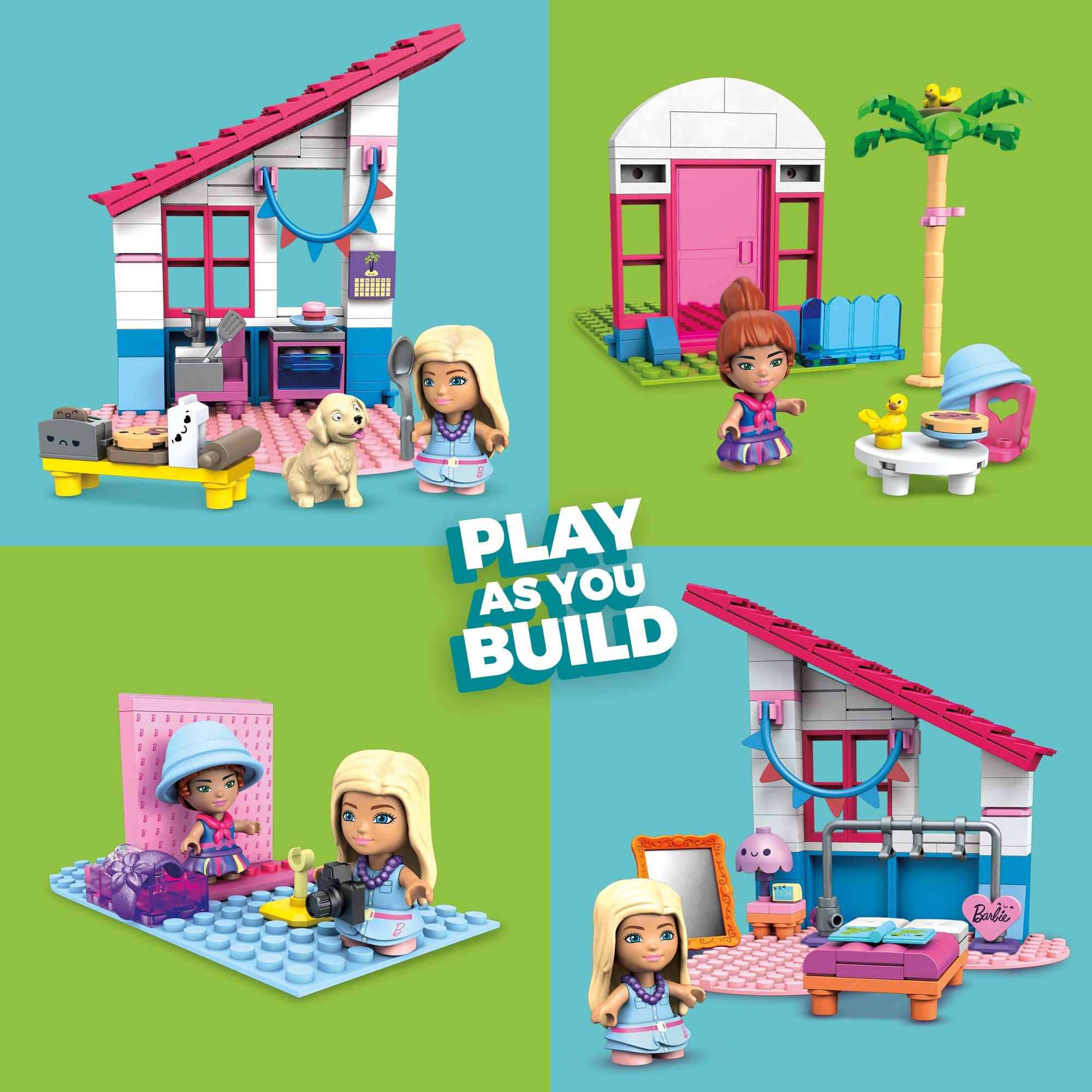 Mega Barbie Malibu Building Sets Bundle, 440 Bricks and Pieces with Fashion and Roleplay Accessories, 7 Micro-Dolls, 1 Puppy, 2 Birds and 2 Turtles, Toy Gift Set for Ages 4 and up