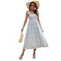 MakeMeChic Women's Floral Print Square Neck Shirred Sleeveless Long Summer Dress Multi Blue and White S
