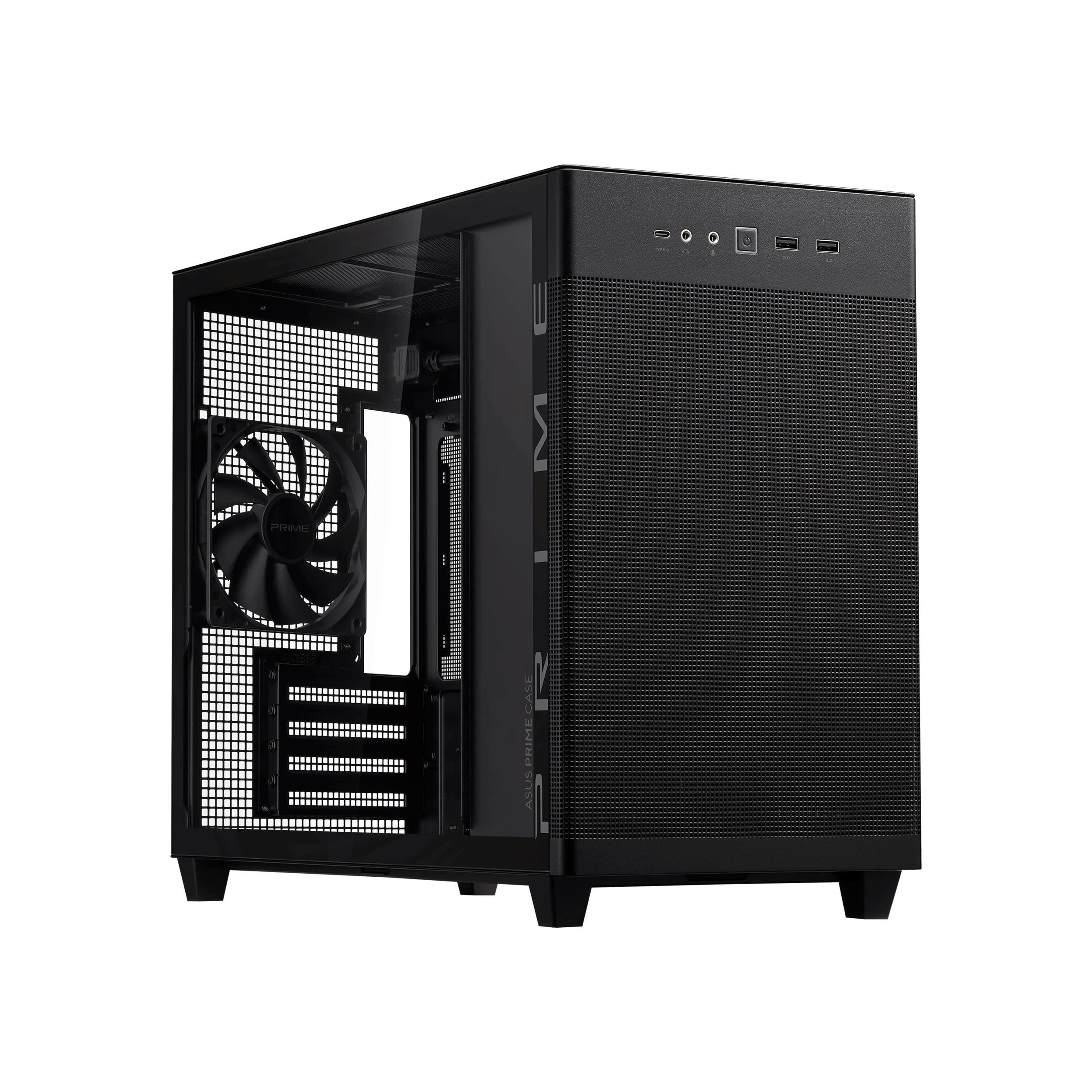 ASUS Prime AP201 Black MicroATX Tempered Glass Edition Supports Graphics Cards up to 338mm, 360mm Coolers, & Standard ATX PSUs, Tool-Free Side Panels, Tempered Glass Side & Front Panel USB Type-C