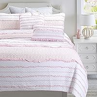 Cozy Line Home Fashions Pretty in Pink Girly Ruffle Stripped 100% Cotton Reversible Quilt Bedding Set, Coverlet, Bedspread (Pink Princess, Queen - 3 Piece: 1 Quilt + 2 Shams)
