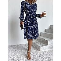 TLULY Dress for Women Polka Dot Print Flounce Sleeve Belted Dress (Color : Blue, Size : Small)