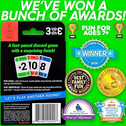 3 Up 3 Down Card Game - Super Fun for Family Games Night Stocking Stuffer - Award Winning 2 Player Games - Up to 6 Players - Fast & Easy to Learn - Ages 7 to 100 - OK 2 Win