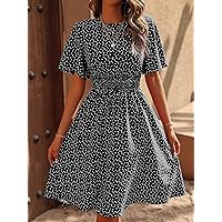 Dresses for Women Dress Women's Dress Confetti Heart Print Butterfly Sleeve Dress Dress (Color : Black and White, Size : Large)