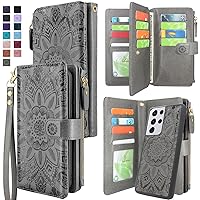 Harryshell Detachable Magnetic Zipper Wallet Leather Case Cash Pocket with 12 Card Slots Holder Wrist Strap for Samsung Galaxy S21 Ultra 5G (6.8 Inch) (2021) SM-G998U Floral Flower (Gray)