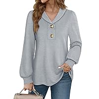 Messic Tunic Tops for Leggings Puff Long Sleeve Tops Collared V Neck Shirts Button Up Tunic Shirts