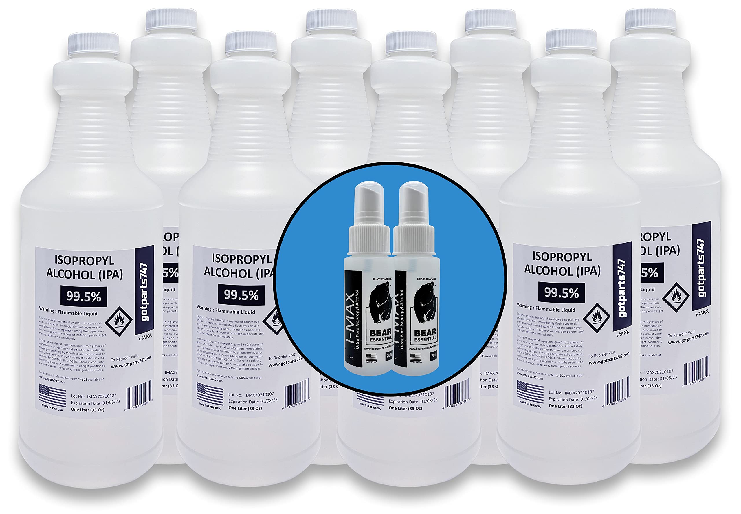 USP Grade Isopropyl Alcohol 99.5+% - 8 x 1000 ml - More Than 2 Gallons - Includes Two 2 OZ USP Grade IPA 70% Spray Bottles + 8 LITERS High Purity I...