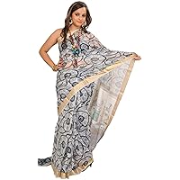 White and Black Digital-Printed Sari from Purvanchal with Krishna a