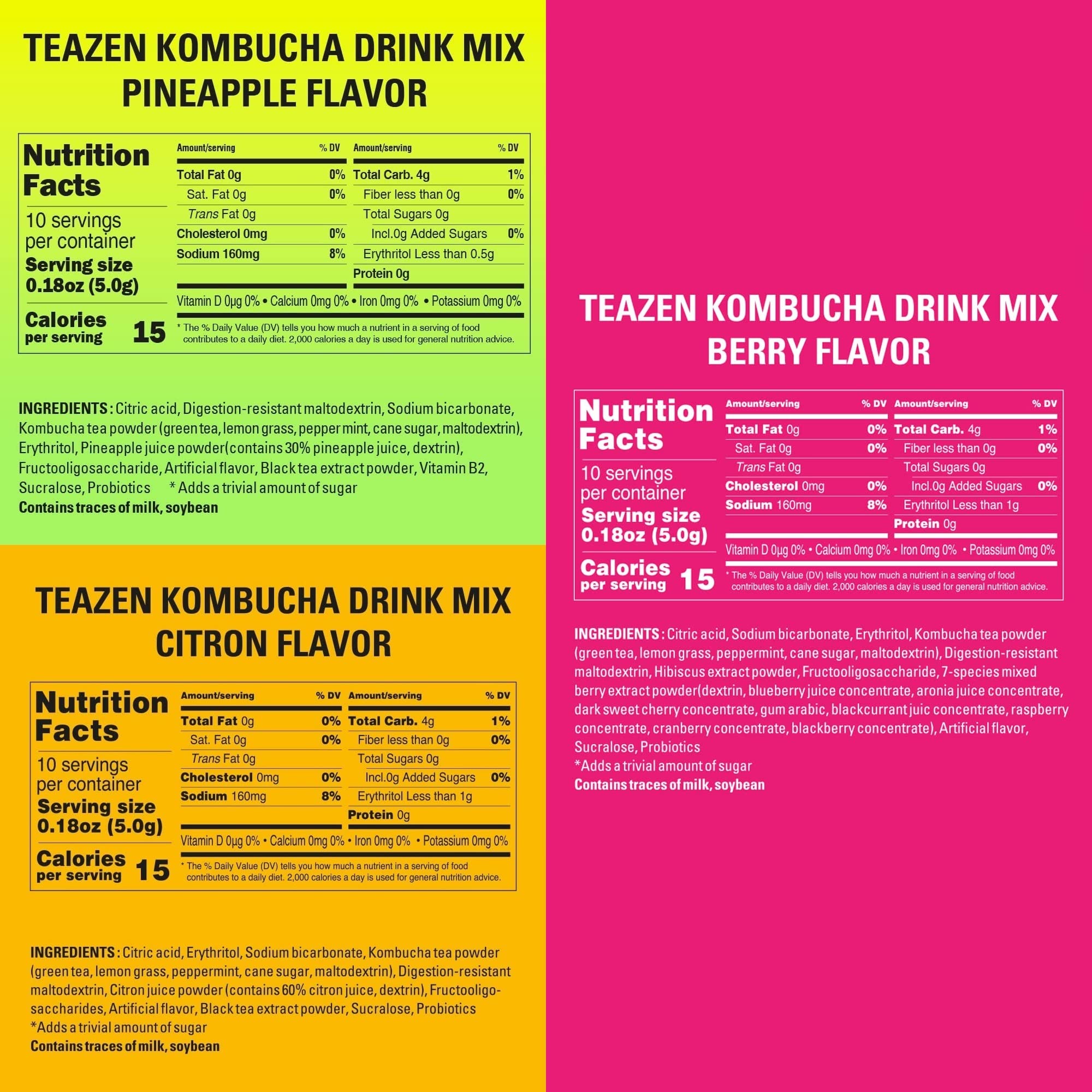 TEAZEN 5 Flavors 50 sticks Variety Pack, Kombucha Peach, Pineapple, Lemon, Citrus, Berry flavor (8.8oz, 50 Sticks)