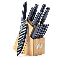 Blue Diamond Sharp Stone Nonstick Stainless Steel Cutlery, 14 Piece Wood Knife Block Set with Chef Steak Knives and more, Diamond Texture Blade, Dishwasher Safe Knives, Blue