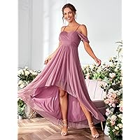 Cold Shoulder Ruched High Low Hem Bridesmaid Dress (Color : Rusty Rose, Size : Large)
