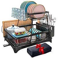Godboat Dish Drying Rack, 2-Tier Dish Racks for Kitchen Counter, Dish Rack with Drainboard & Mat, Dish Drainer with Knife, Fork & Cup Rack, Gifts for Women, Mothers Day, Cool Stuff & Kitchen Gadgets