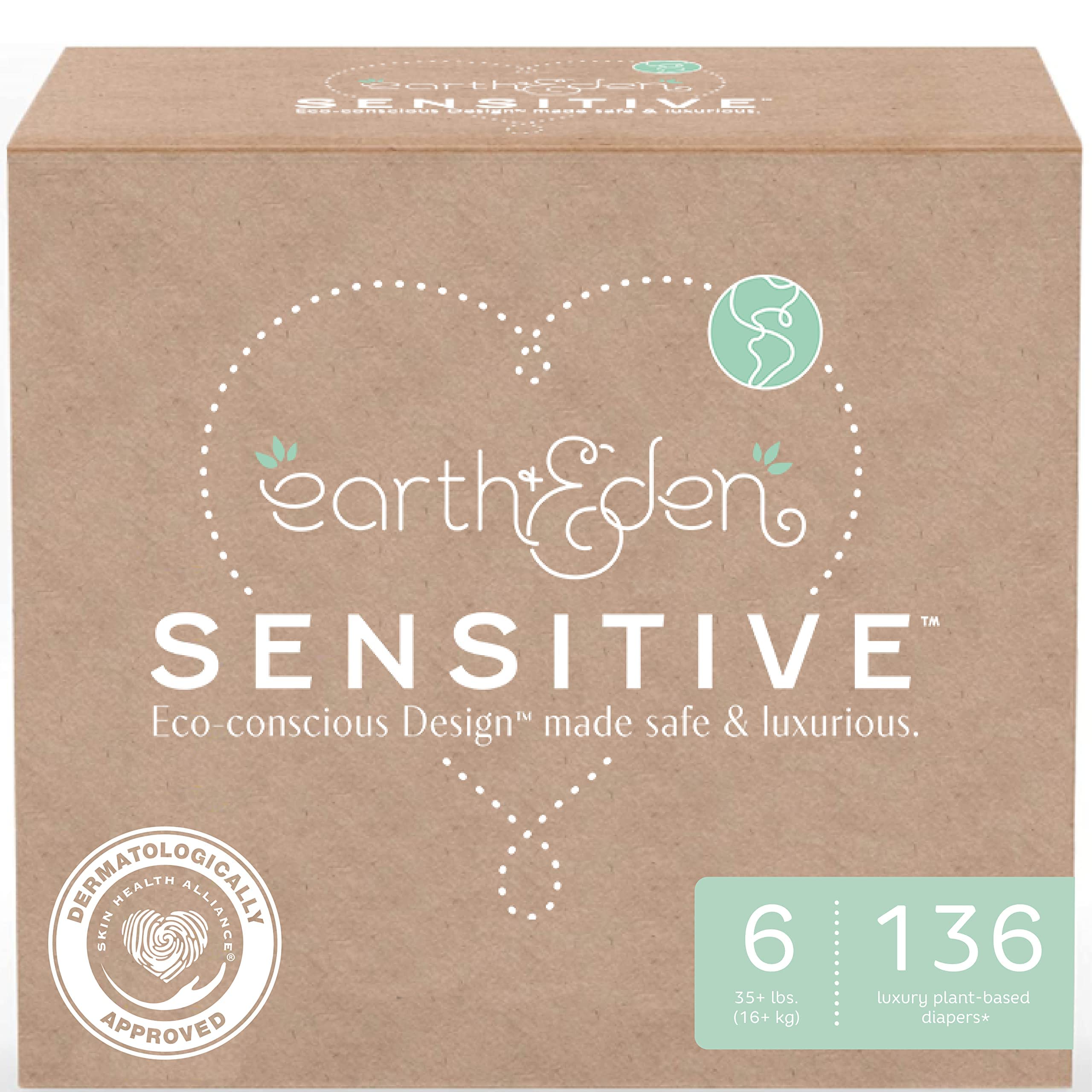 Earth & Eden Sensitive | Eco-Conscious & Hypoallergenic Diapers | Size 6 | 136 Count