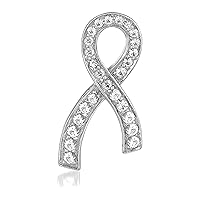 LE VIAN White Sapphire 1 Inch Awareness Ribbon Lapel Pin Brooch in 14k White Gold with Post with Disc Closure