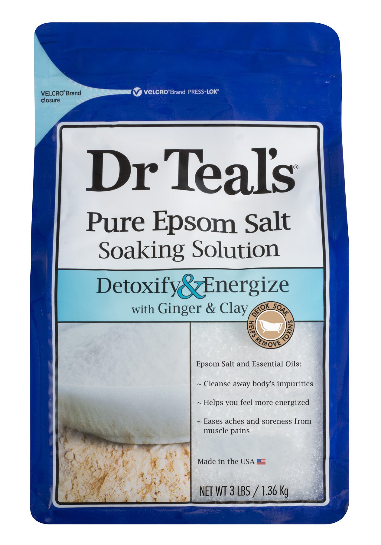 Dr Teal's Pure Epsom Salt Soaking Solution, Energize with Ginger & Clay, 3 Pound Bag (Packaging May Vary)