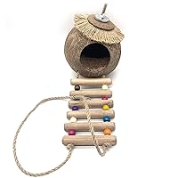 Coconut Shell Bird Nest Hut with Ladder for Parrots Parakeet Conures Cockatiel Small Animals Rats Hamster House Pet Cage Habitats Decor(Small)