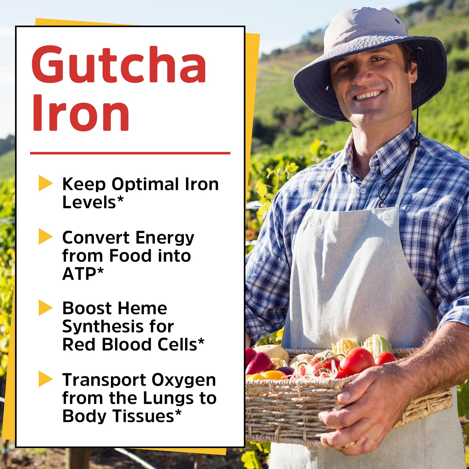 Gutcha Iron Supplement, 65 mg, Carbonyl Iron Plus Vitamin C, Energy & Blood Support for Women & Men, Better Absorption, Gentle on The Stomach, No Nausea, No Constipation, Vegan, Non-GMO, 60 Ct