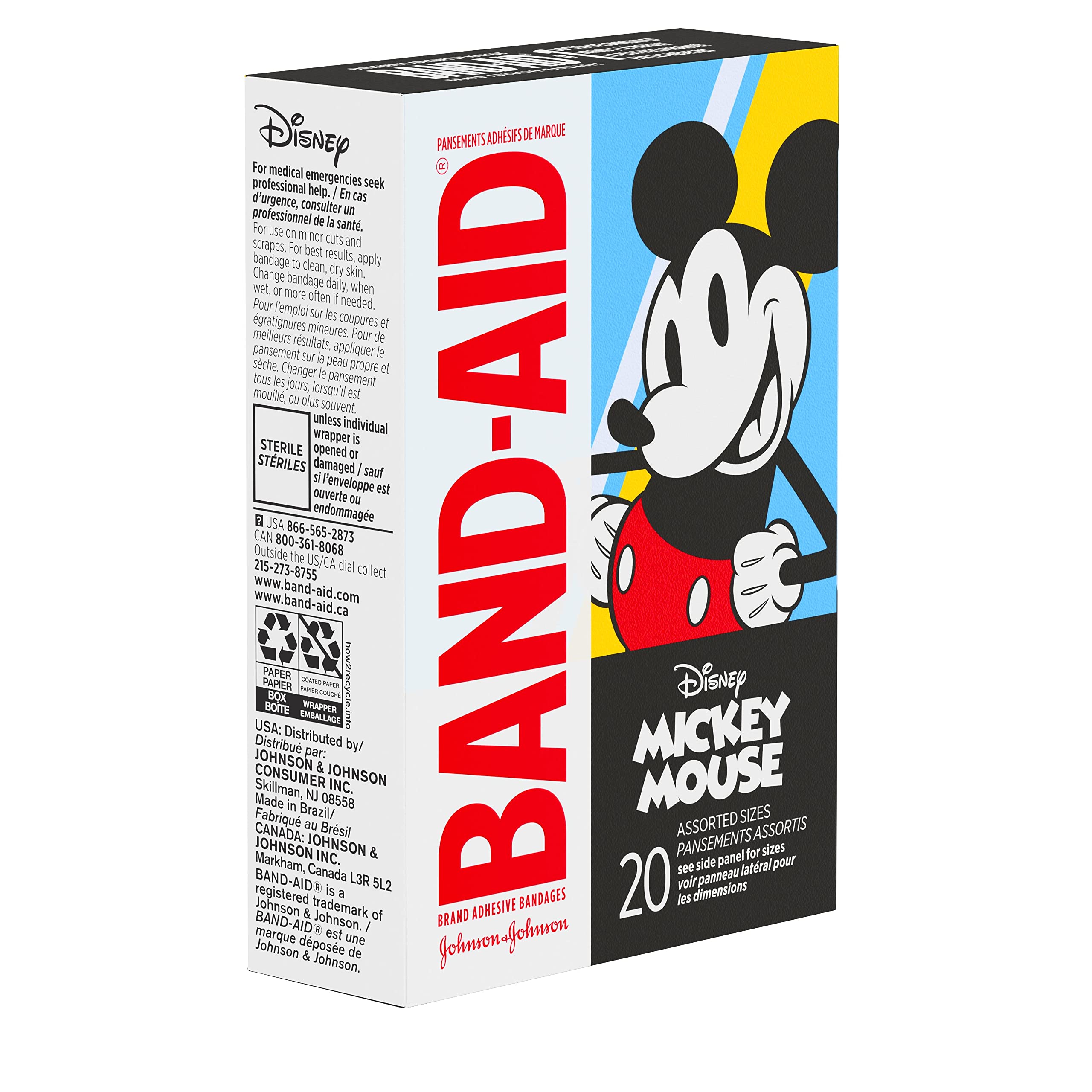 Band-Aid Brand Adhesive Bandages for Minor Cuts & Scrapes, Wound Care Featuring Disney's Mickey Mouse, Fun Bandages for Kids and Toddlers, Assorted Sizes, 20 Count