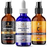 Pack of 3 Vitamin C & Hyaluronic Acid & Retinol Serums Natural Skin Care Facial Treatment Neck & Chest Anti-Aging Serum Fights Pigmentation Fine Lines and Wrinkles