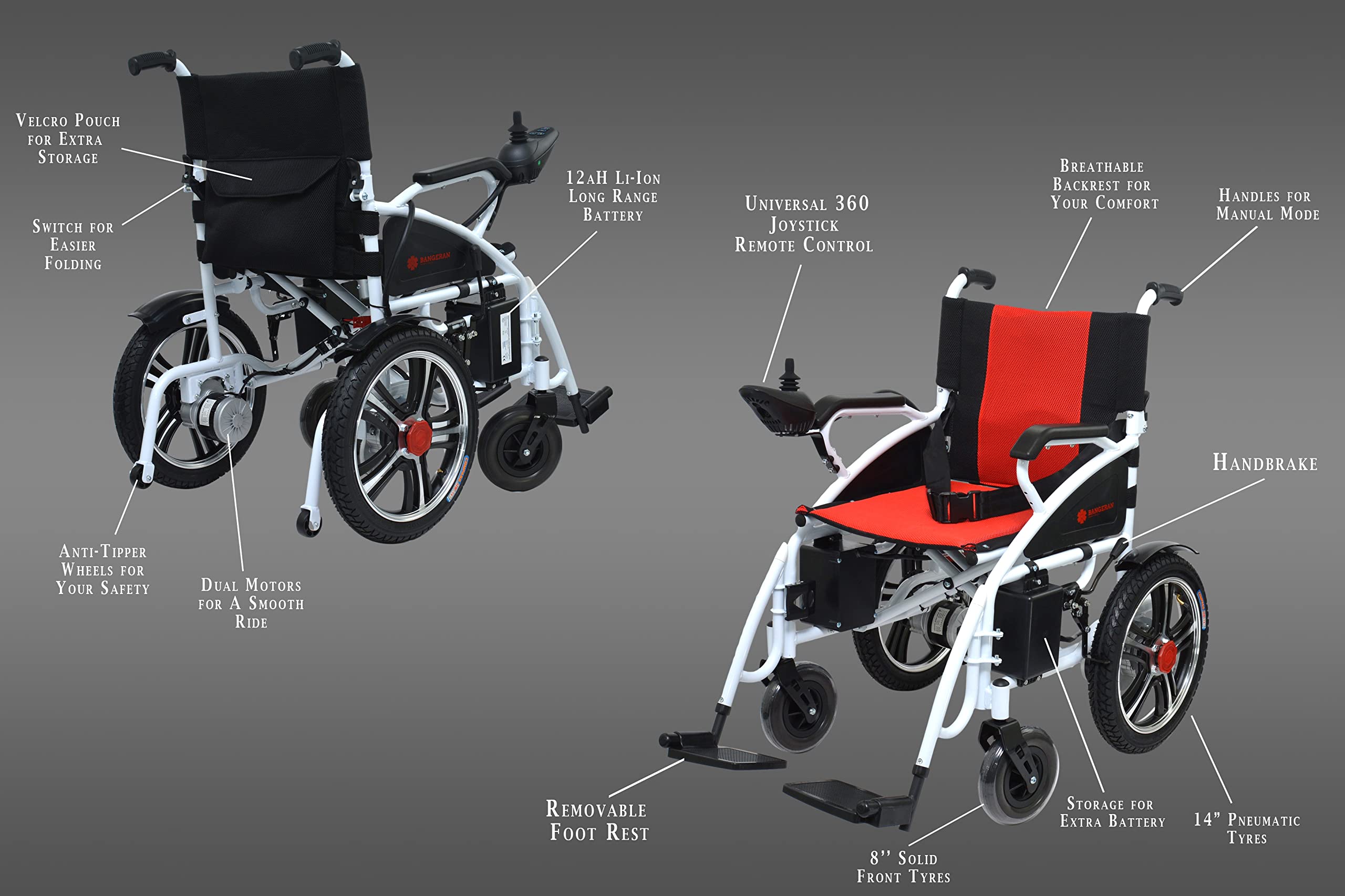 Mobilitas Z Foldable, Compact, Portable Electric Wheelchair for Adults and Seniors, Lightweight Power Wheelchair in Affordable Category, Silla de Ruedas Electrica, Dual Motor (White on Red)