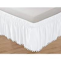 Elegant Comfort Top-Knot Tassle Pompom Fringe Ruffle Skirt Around Style Elastic Bed Wrap- Wrinkle Resistant 16 inch Drop, Twin/Full, White