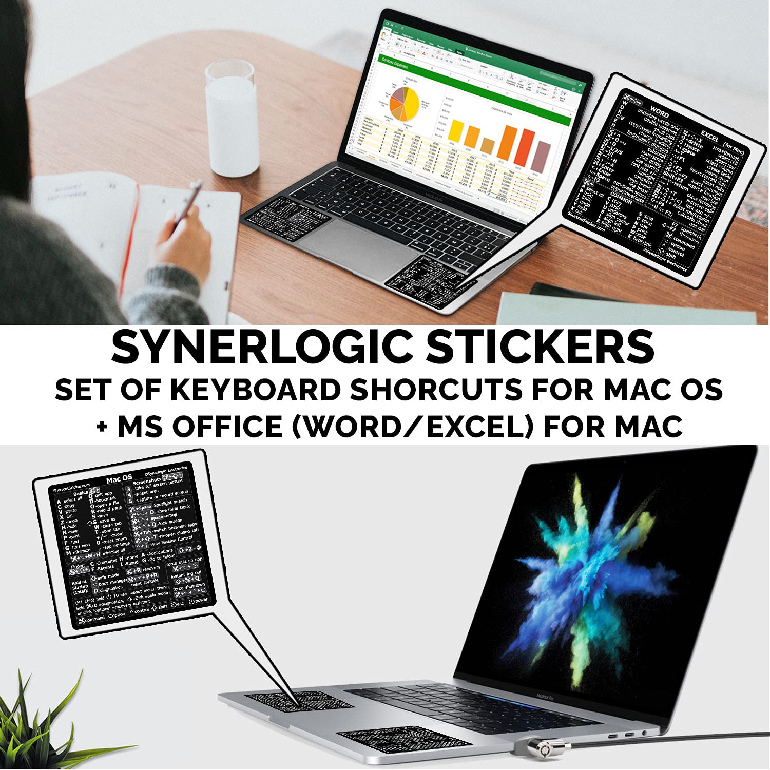 SYNERLOGIC Mac OS (M/Intel) + Word/Excel (for Mac) Quick Reference Keyboard Shortcut Stickers - for MacBook Air/Pro/iMac/Mac/Mini (Black, 1 Set)
