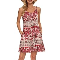 WNEEDU Women's Summer Spaghetti Strap Button Down V Neck Casual Beach Cover Up Dress with Pockets (M, Boho Floral Red)