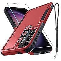 for Samsung Galaxy S24 Case, Full Body Heavy Duty Rugged Shockproof Protective Phone Cover with Lanyard Strap, Tempered Glass Screen Protector and Camera Lens Cover, Red