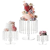 Acrylic Cake Stand with Crystal Bling Pendants, 3Pcs Clear Acrylic Cupcake Stand for Dessert Table, Round Base Cake Display Stand for Wedding, New Year, Christmas, Birthday Party Decorations