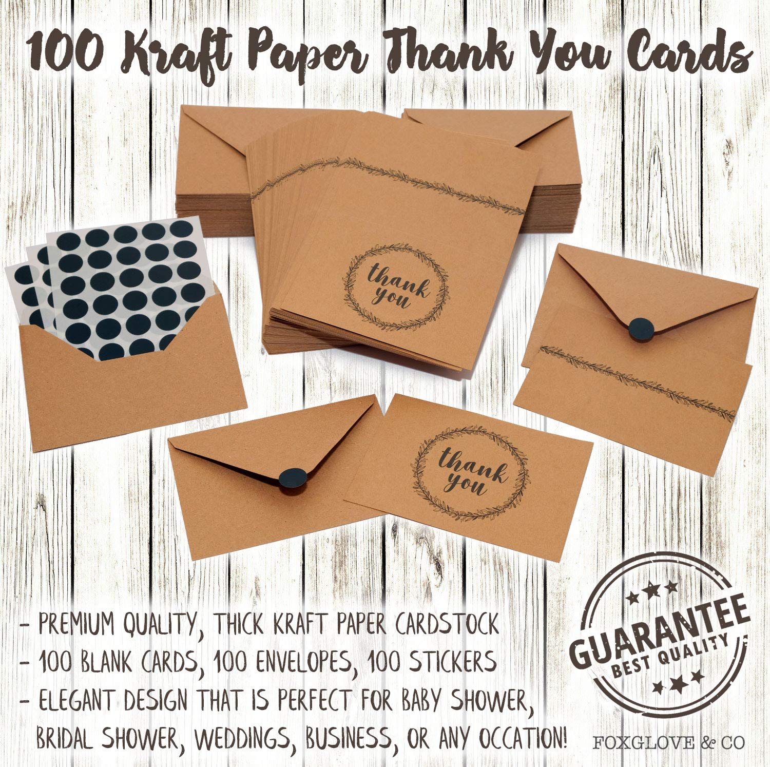 Thank You Cards Bulk Set of 100 - Includes Thank You Notes, Blank Cards with Envelopes & Stickers - Perfect for Business, Wedding, Graduation, Bridal & Baby Shower, Funeral - Floral Kraft Paper Design