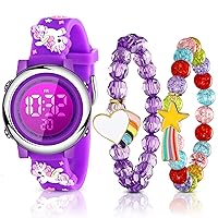 3 Pieces Kids Unicorn Watch and Unicorn Bracelet Waterproof Toddler Digital Watch Light Watch with Alarm Stopwatch Unicorn Easter Children's Day Gift for 3-10 Year Girls(Classic Style)