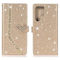 Case for Samsung Galaxy S22/S22plus/S22ultra, Glitter PU Leather TPU Bumper Card Holder Wallet Case, with Cute Inlaid Loving Heart Diamond Flip Cover,Gold,S22 6.1