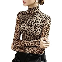 Women's Mesh Tops Fashion High Neck Long Sleeve Leopard Print Patchwork Soft Blouses Elegant Formal Work Shirt