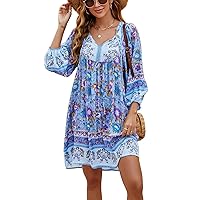 Bluetime Women Casual Summer Dress Boho V Neck 3/4 Sleeve Short Babydoll Floral Print Flowy Beach Dresses