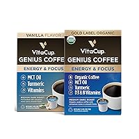 Vitacup Genius Organic & Genius Vanilla Coffee 32 Pod Bundle | Energy & Focus |Superfood & Vitamins Infused | Variety Pack of (2) 16 Count Single Serve Recyclable Pods Compatible with K-Cup Brewers