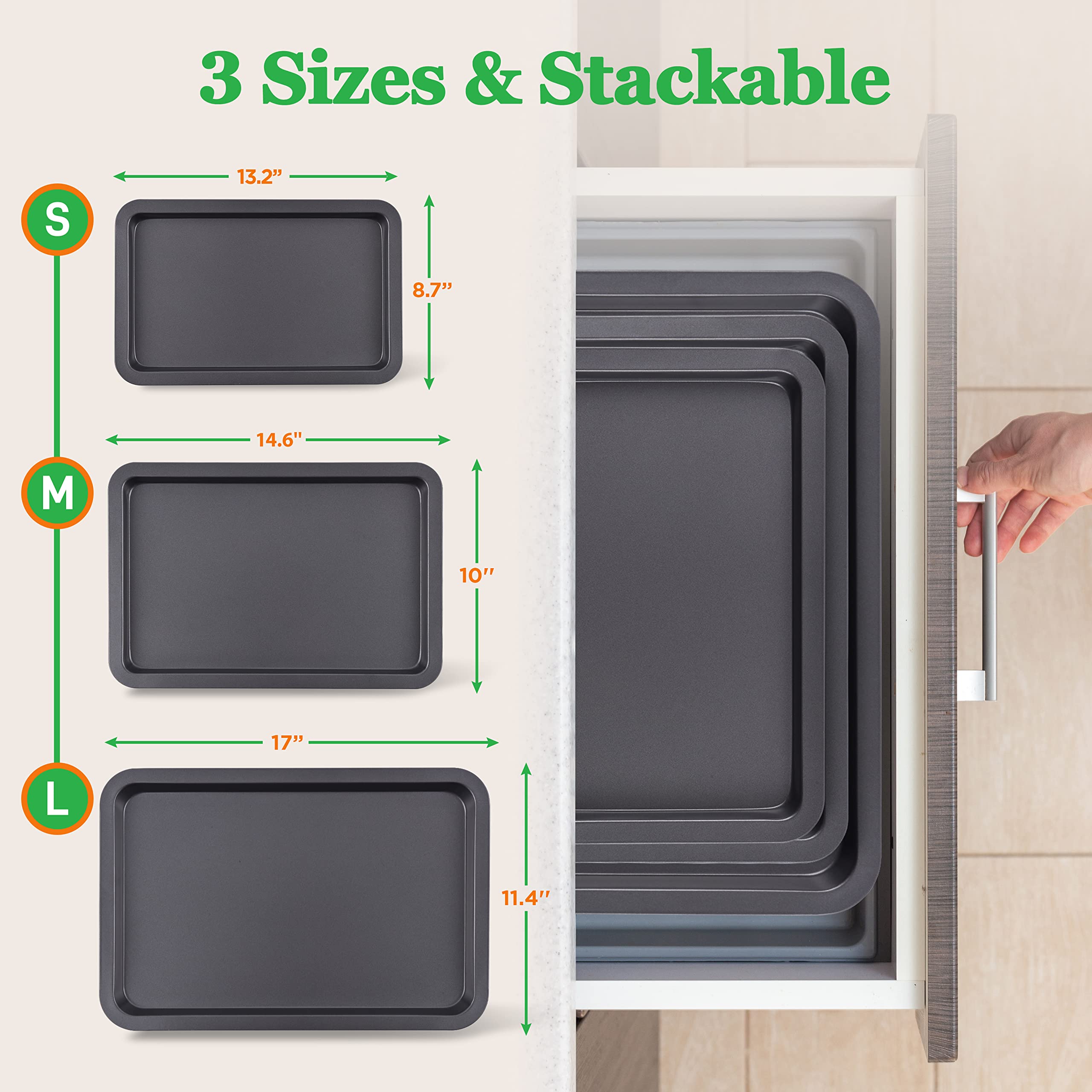 NutriChef 3-Pc. Nonstick Cookie Sheet Pans - PFOAm PFOSm PTFE-Free, Professional Quality Kitchen Cooking Non-Stick Baking Trays w/ Black Coating Inside & Outside
