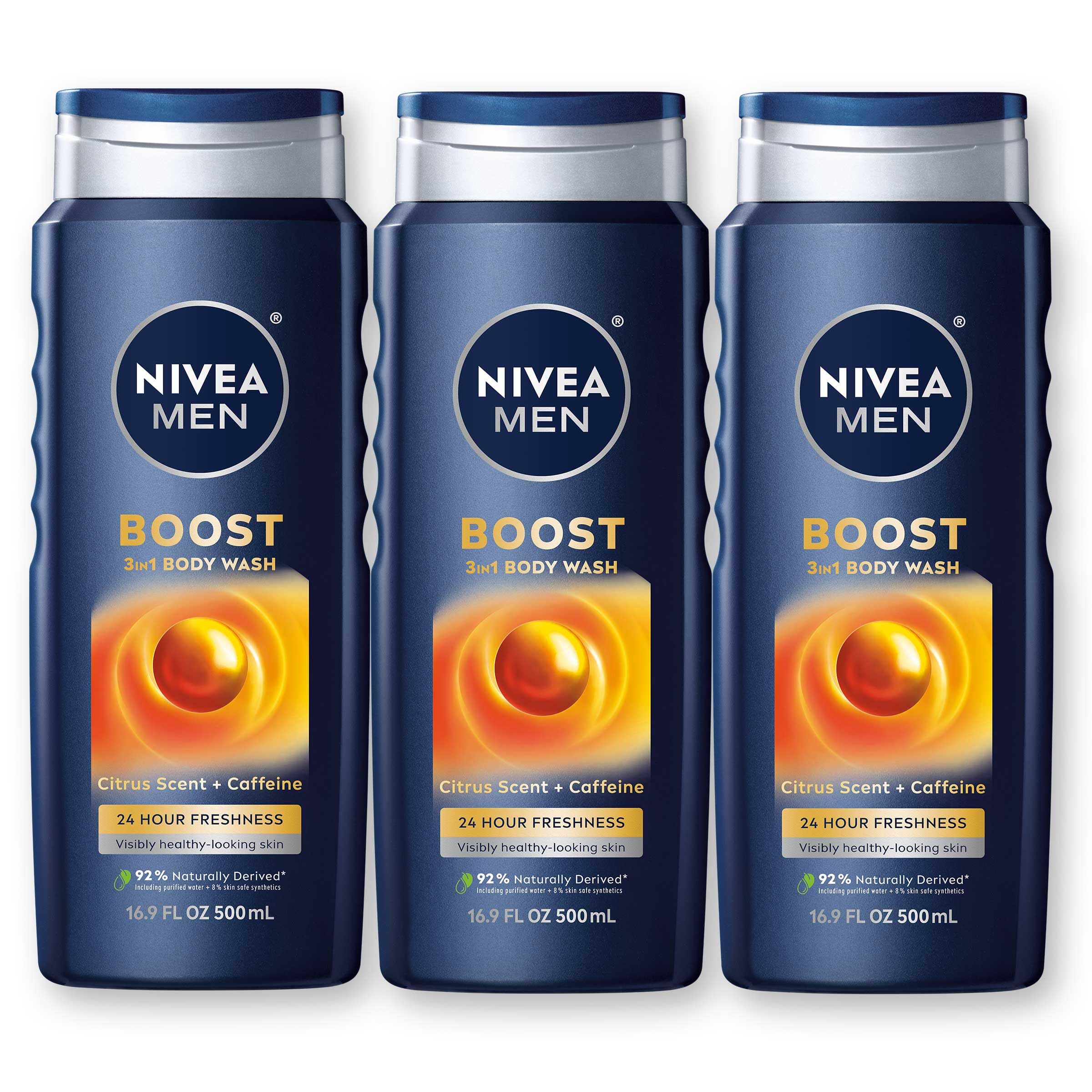 Nivea Men Boost 3-in-1 Body Wash, Citrus Scent and Caffeine Enriched Men's Body Wash Cleanses Face, Body and Hair, 16.9 Fl Oz Bottle, Pack of 3