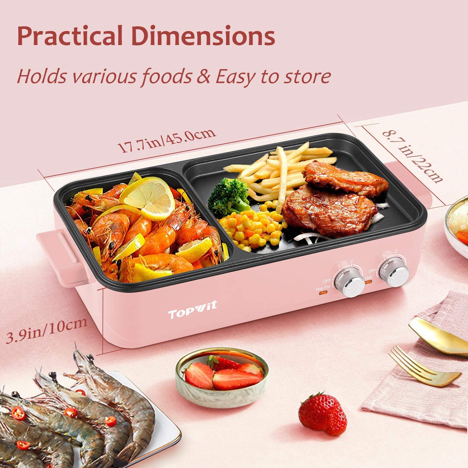 Topwit Hot Pot Electric with Grill, 2 in 1 Indoor Non-stick Hot Pot with Grill for Steaks, Shabu Shabu, Noodles, Simmer and Fry, Korean BBQ Grill, Independent Dual Temperature Control, Pink