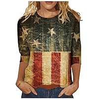July 4th Shirts Womens Tops 3/4 Length Sleeve Loose Fit Crewneck Cute Printed Blouse Patriotic Graphic Tees Tunics